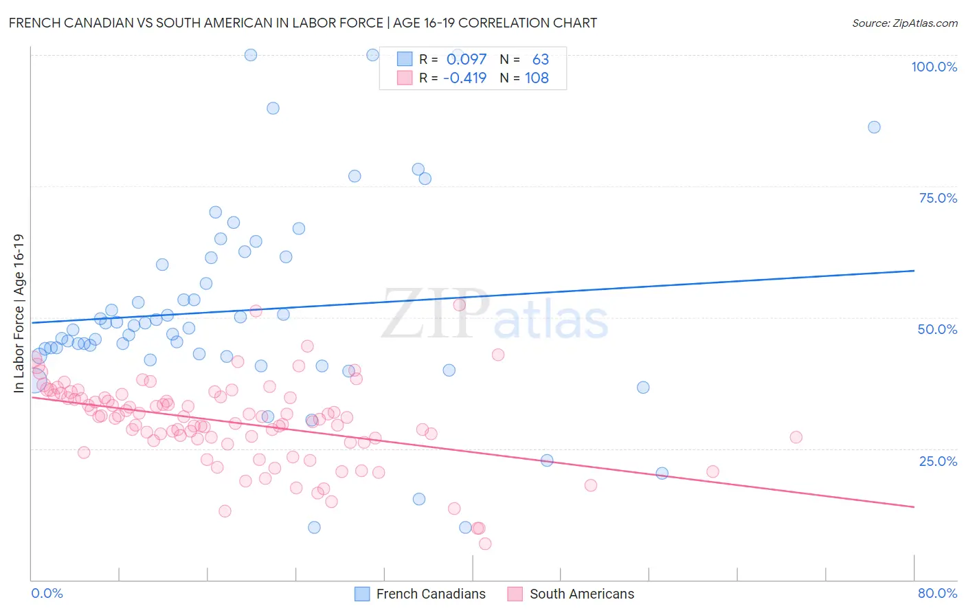 French Canadian vs South American In Labor Force | Age 16-19