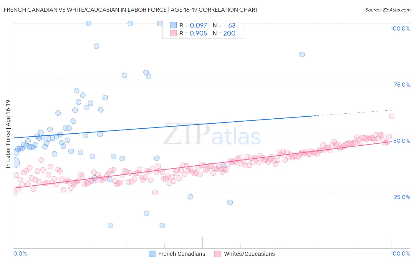 French Canadian vs White/Caucasian In Labor Force | Age 16-19