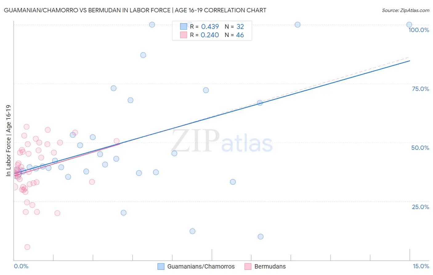 Guamanian/Chamorro vs Bermudan In Labor Force | Age 16-19