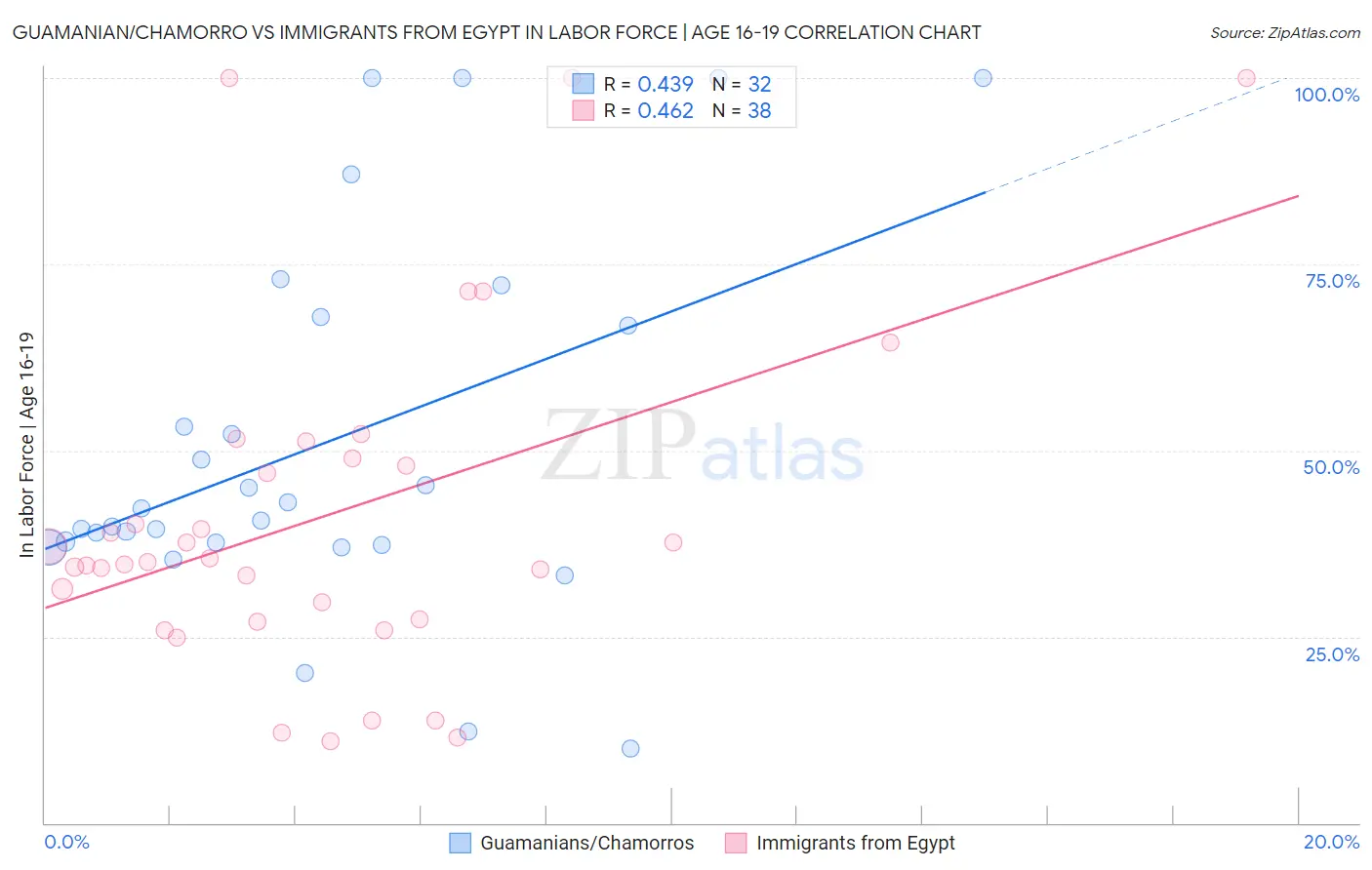 Guamanian/Chamorro vs Immigrants from Egypt In Labor Force | Age 16-19