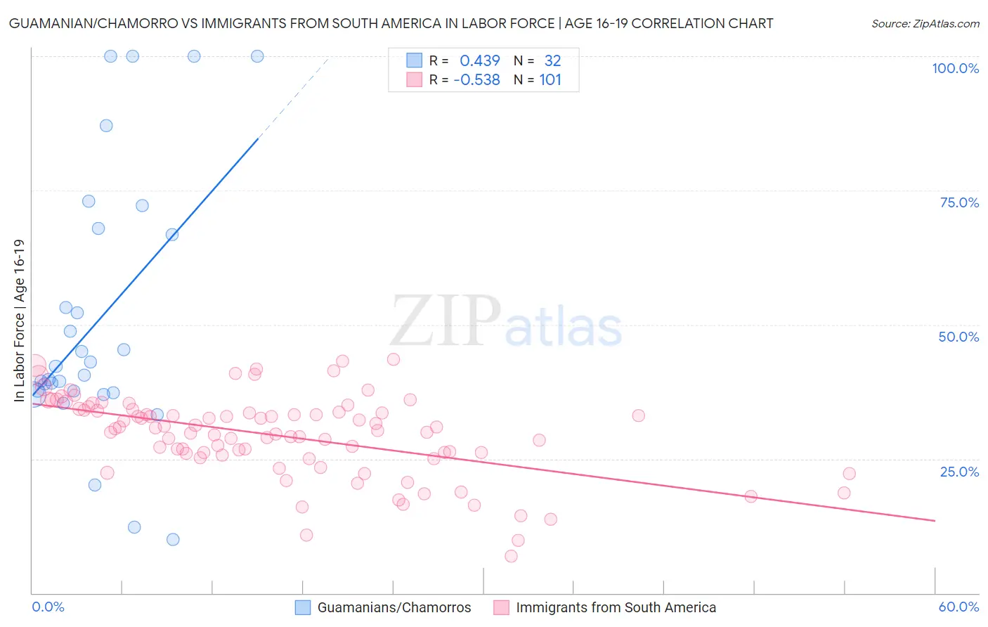 Guamanian/Chamorro vs Immigrants from South America In Labor Force | Age 16-19