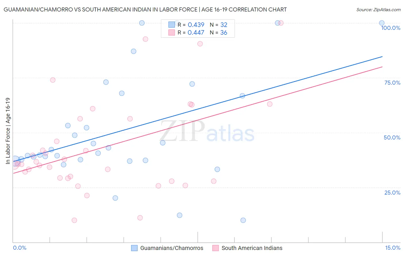 Guamanian/Chamorro vs South American Indian In Labor Force | Age 16-19
