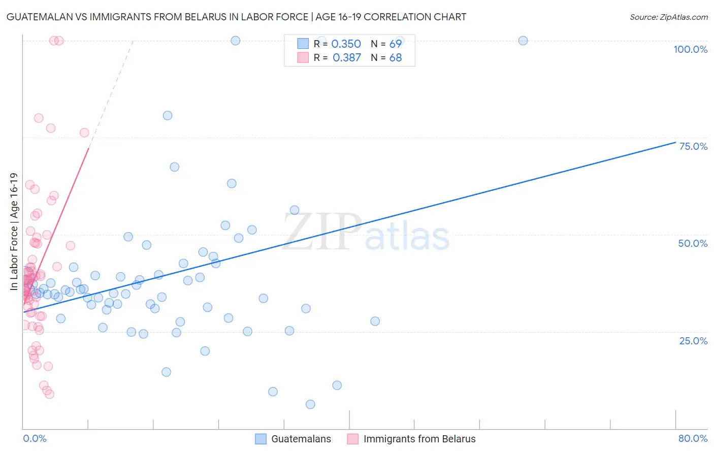 Guatemalan vs Immigrants from Belarus In Labor Force | Age 16-19