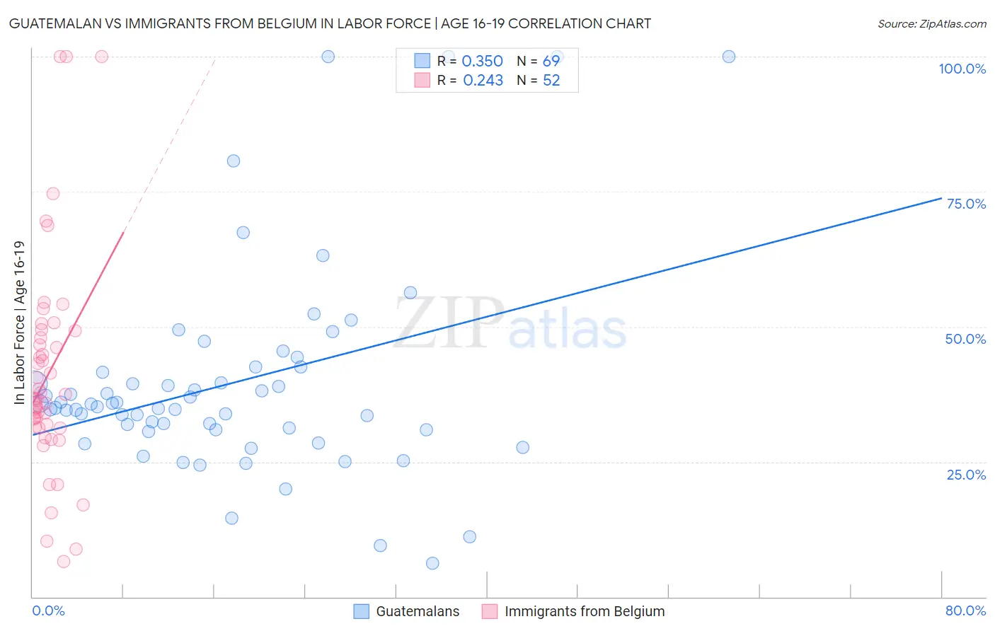 Guatemalan vs Immigrants from Belgium In Labor Force | Age 16-19