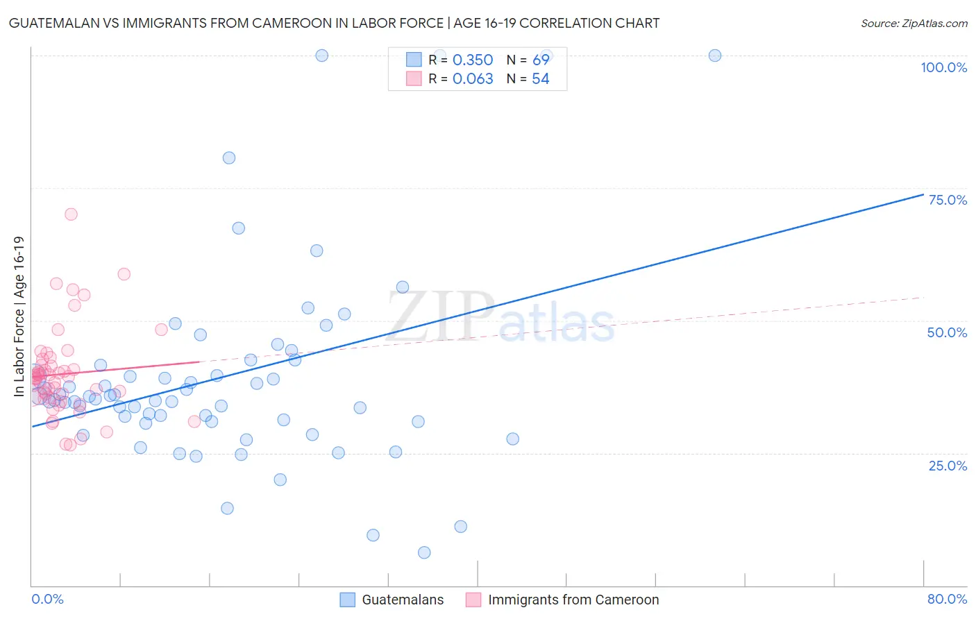 Guatemalan vs Immigrants from Cameroon In Labor Force | Age 16-19