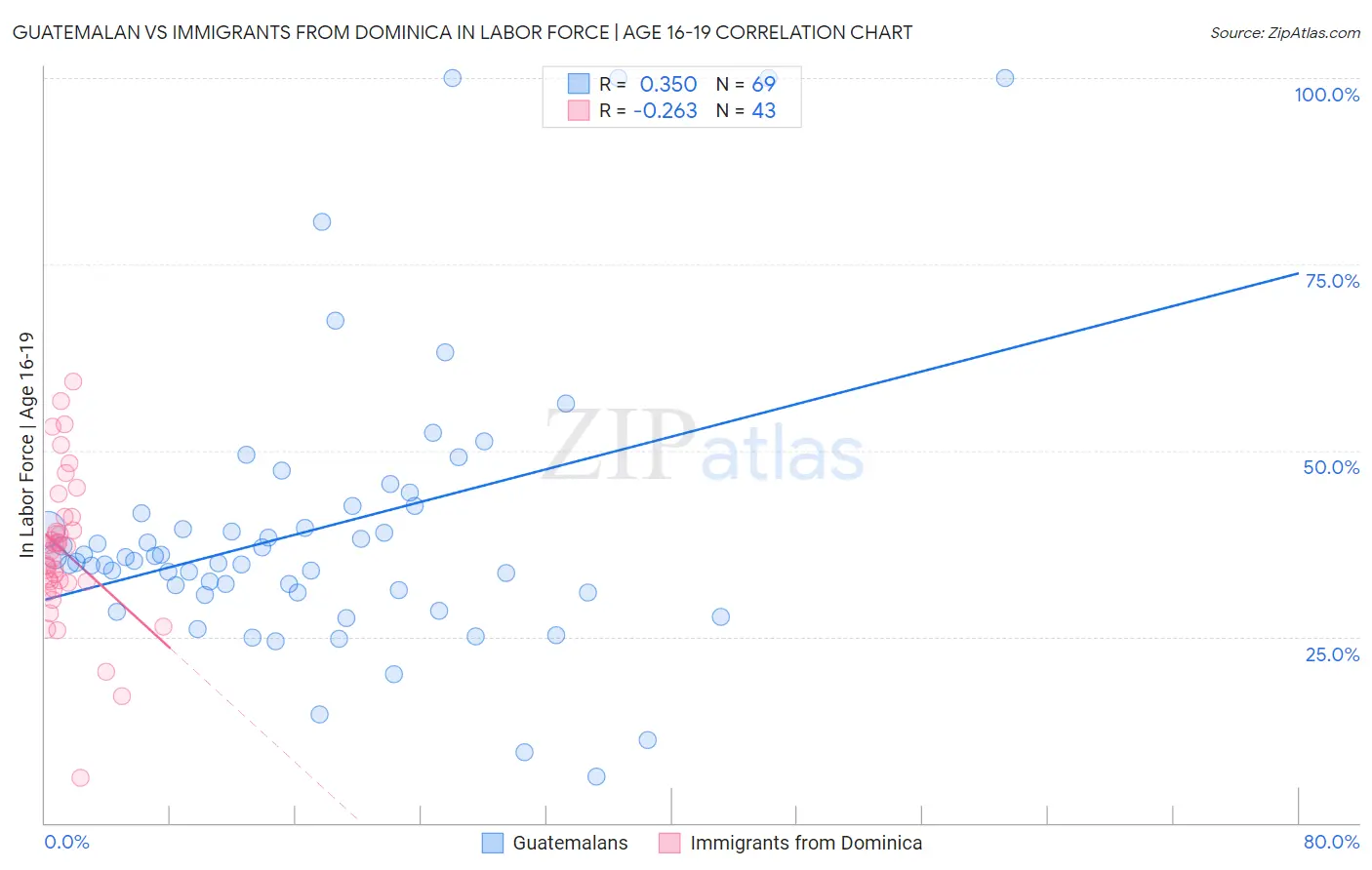 Guatemalan vs Immigrants from Dominica In Labor Force | Age 16-19