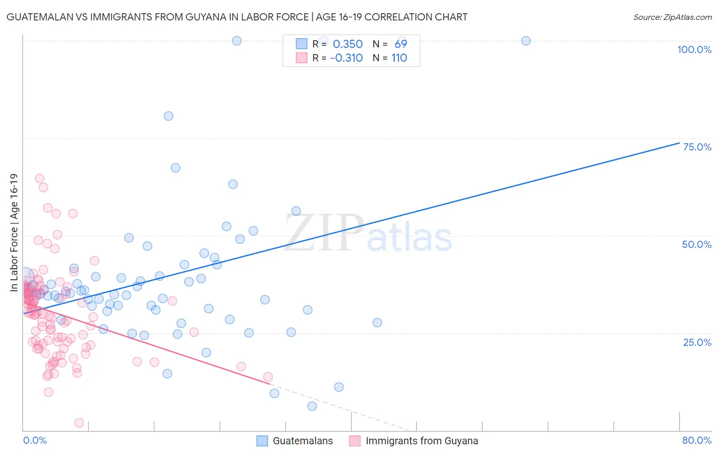 Guatemalan vs Immigrants from Guyana In Labor Force | Age 16-19