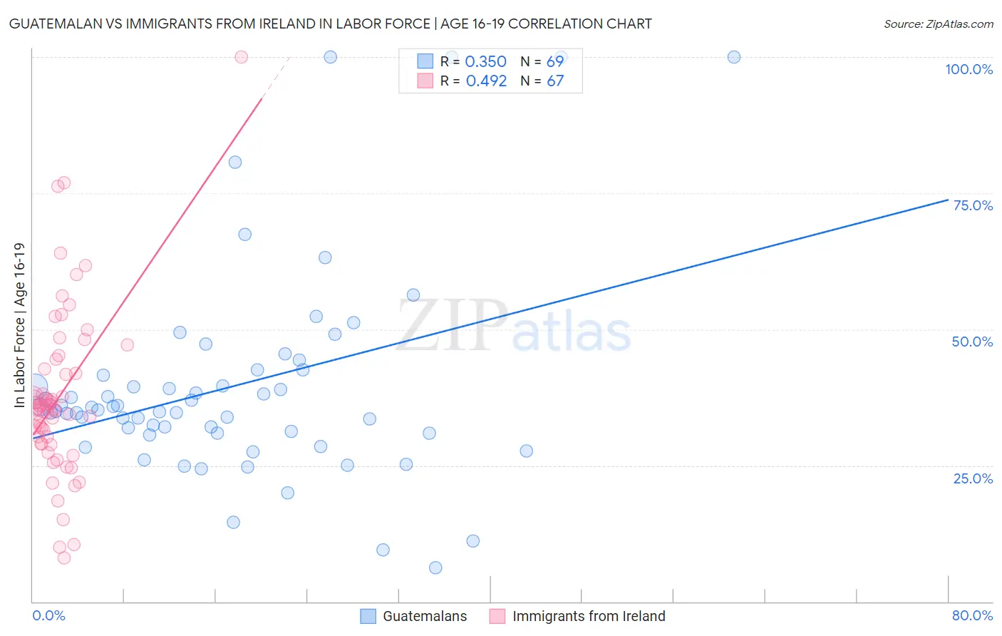 Guatemalan vs Immigrants from Ireland In Labor Force | Age 16-19