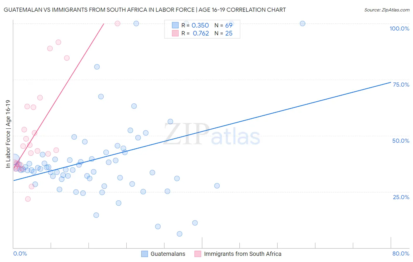 Guatemalan vs Immigrants from South Africa In Labor Force | Age 16-19