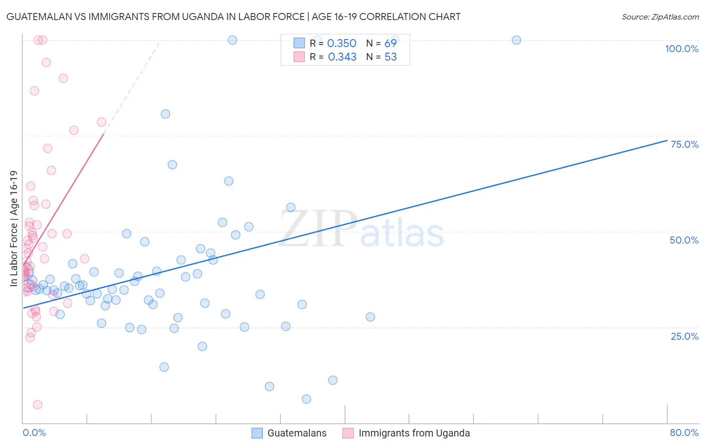 Guatemalan vs Immigrants from Uganda In Labor Force | Age 16-19