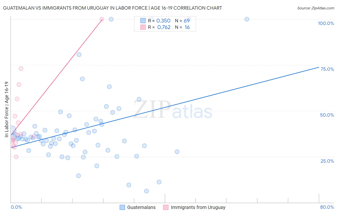 Guatemalan vs Immigrants from Uruguay In Labor Force | Age 16-19