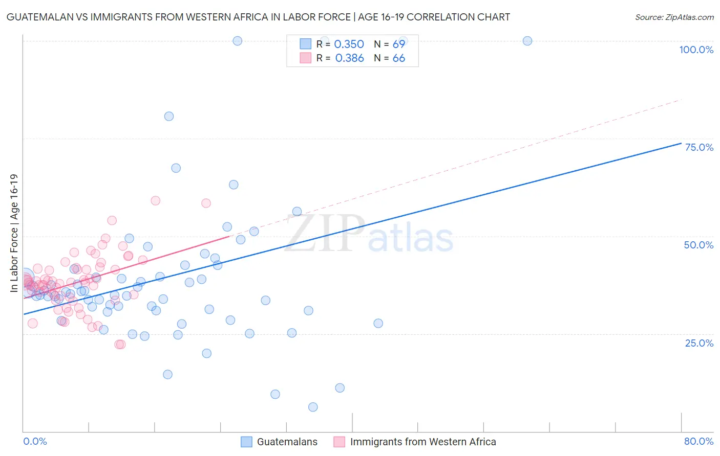 Guatemalan vs Immigrants from Western Africa In Labor Force | Age 16-19