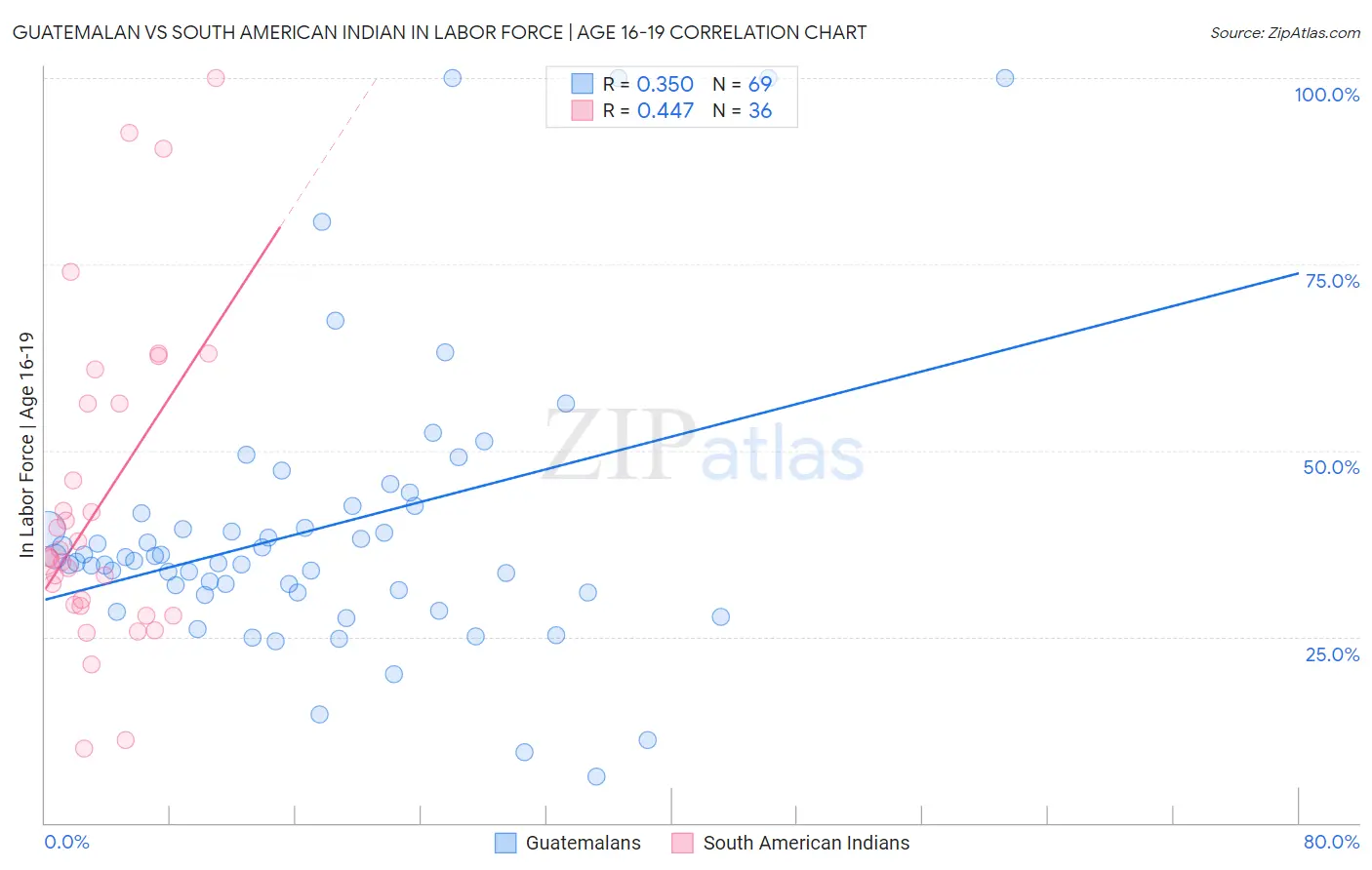 Guatemalan vs South American Indian In Labor Force | Age 16-19