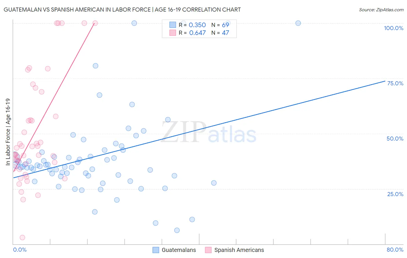 Guatemalan vs Spanish American In Labor Force | Age 16-19