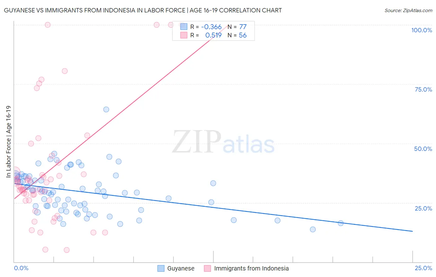 Guyanese vs Immigrants from Indonesia In Labor Force | Age 16-19