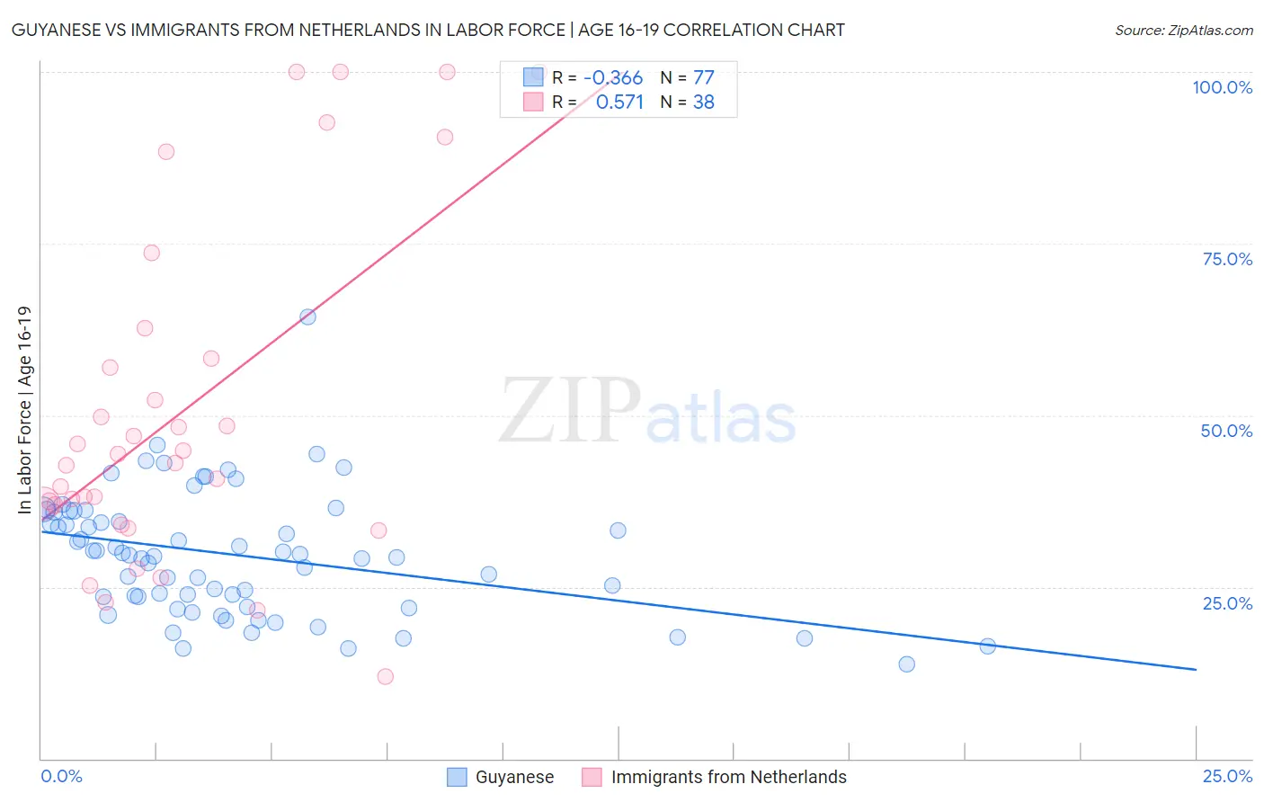 Guyanese vs Immigrants from Netherlands In Labor Force | Age 16-19