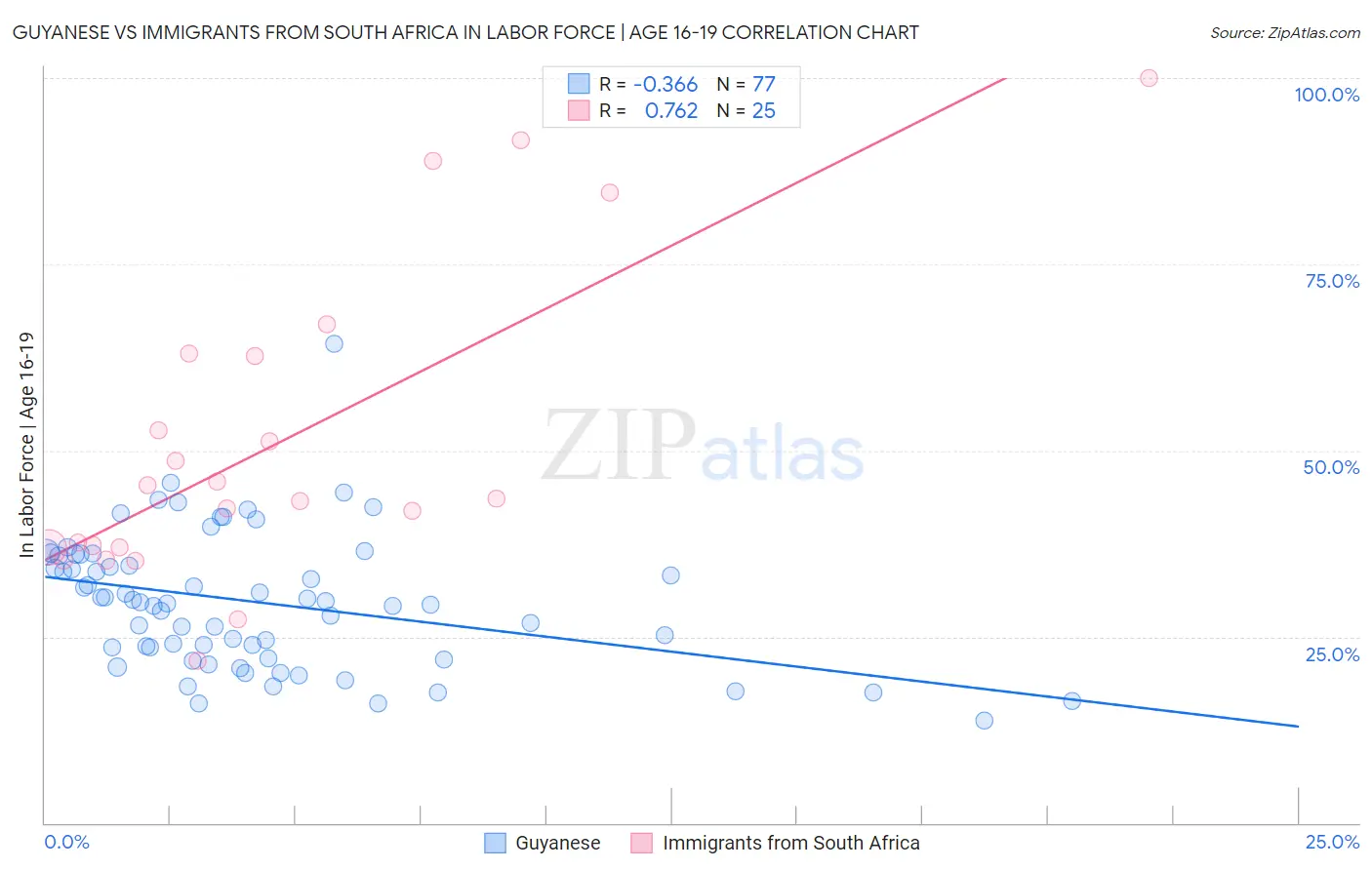 Guyanese vs Immigrants from South Africa In Labor Force | Age 16-19