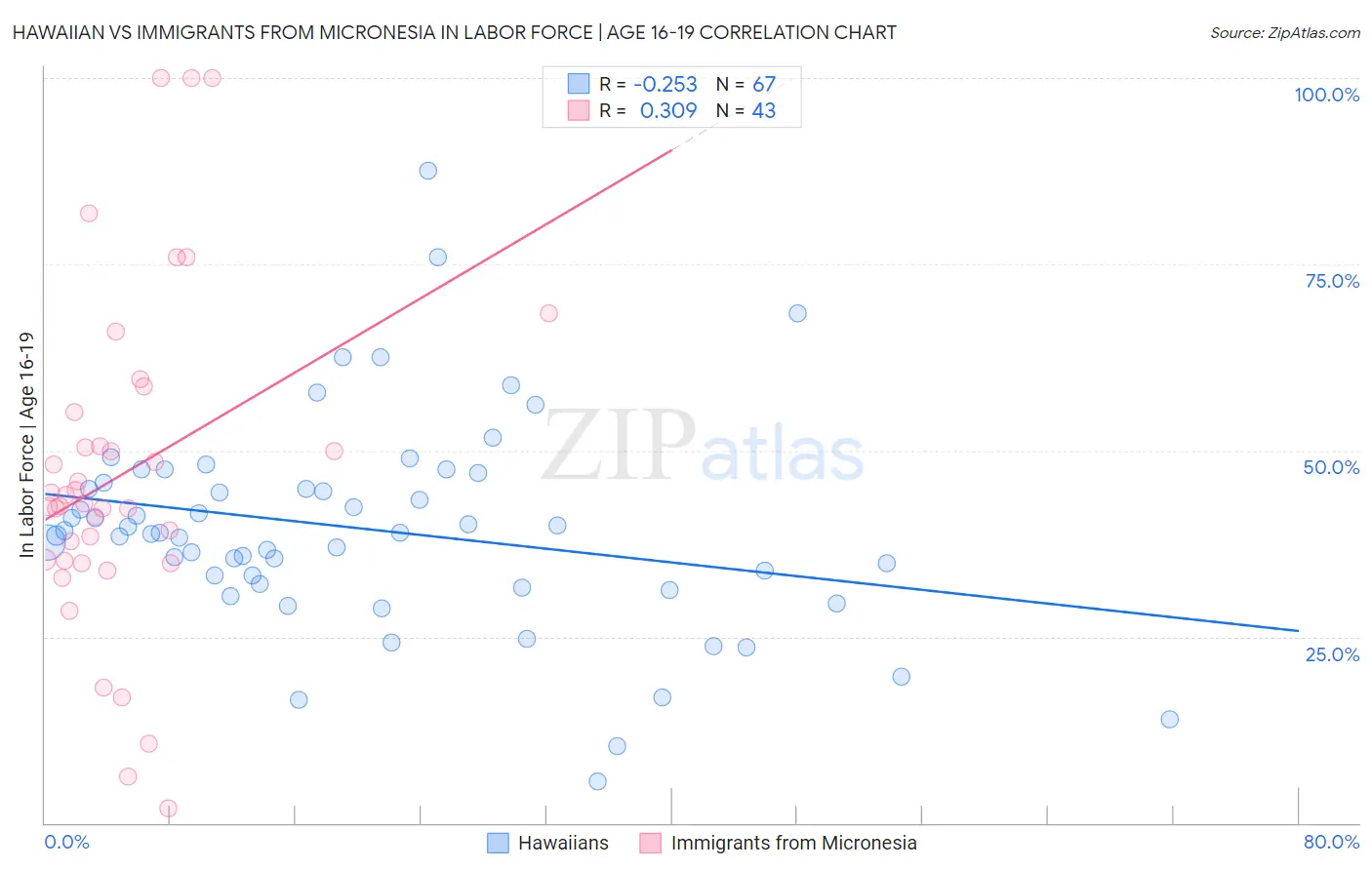 Hawaiian vs Immigrants from Micronesia In Labor Force | Age 16-19