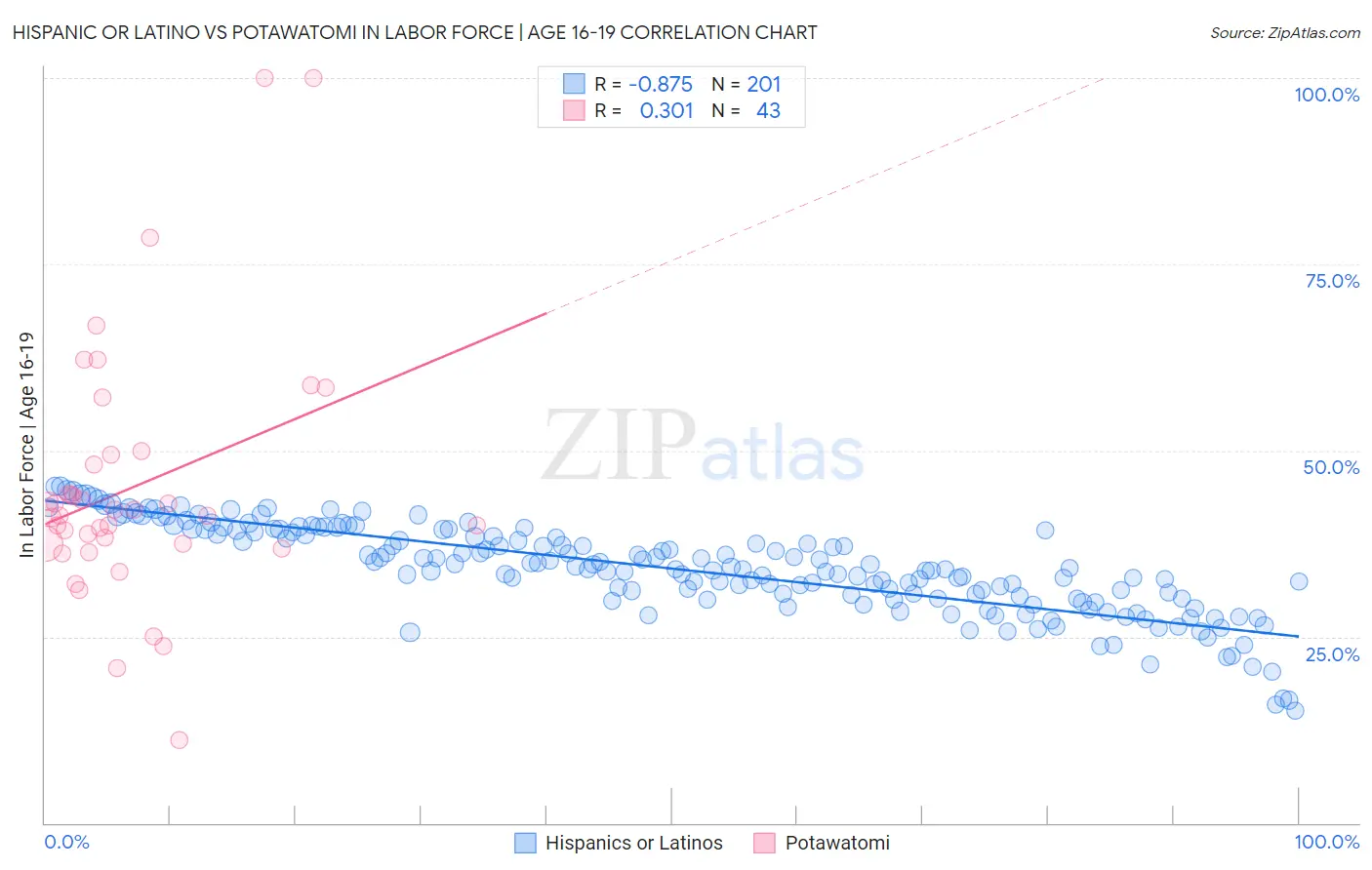 Hispanic or Latino vs Potawatomi In Labor Force | Age 16-19