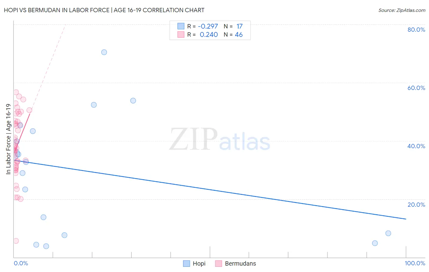 Hopi vs Bermudan In Labor Force | Age 16-19