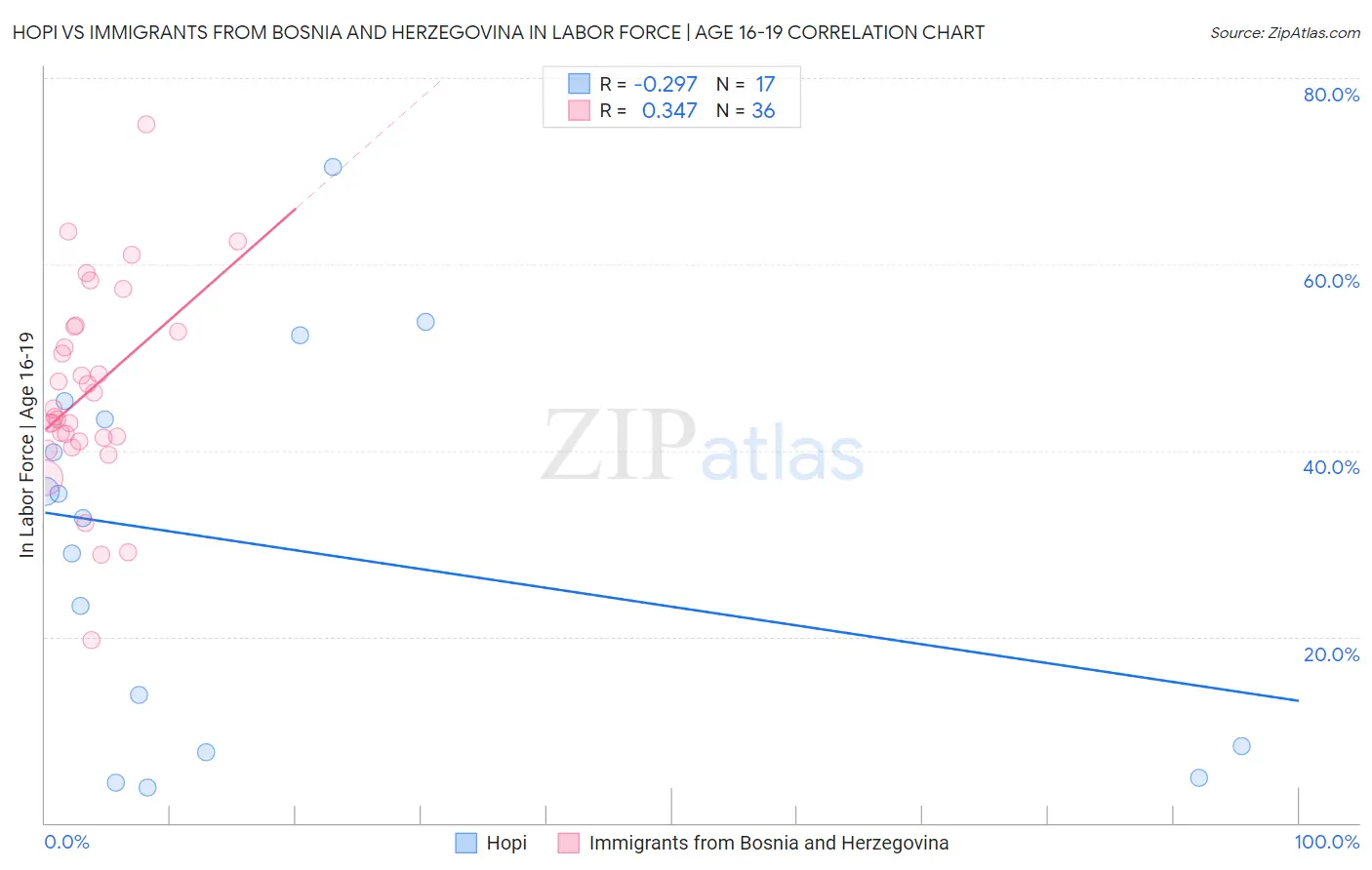 Hopi vs Immigrants from Bosnia and Herzegovina In Labor Force | Age 16-19