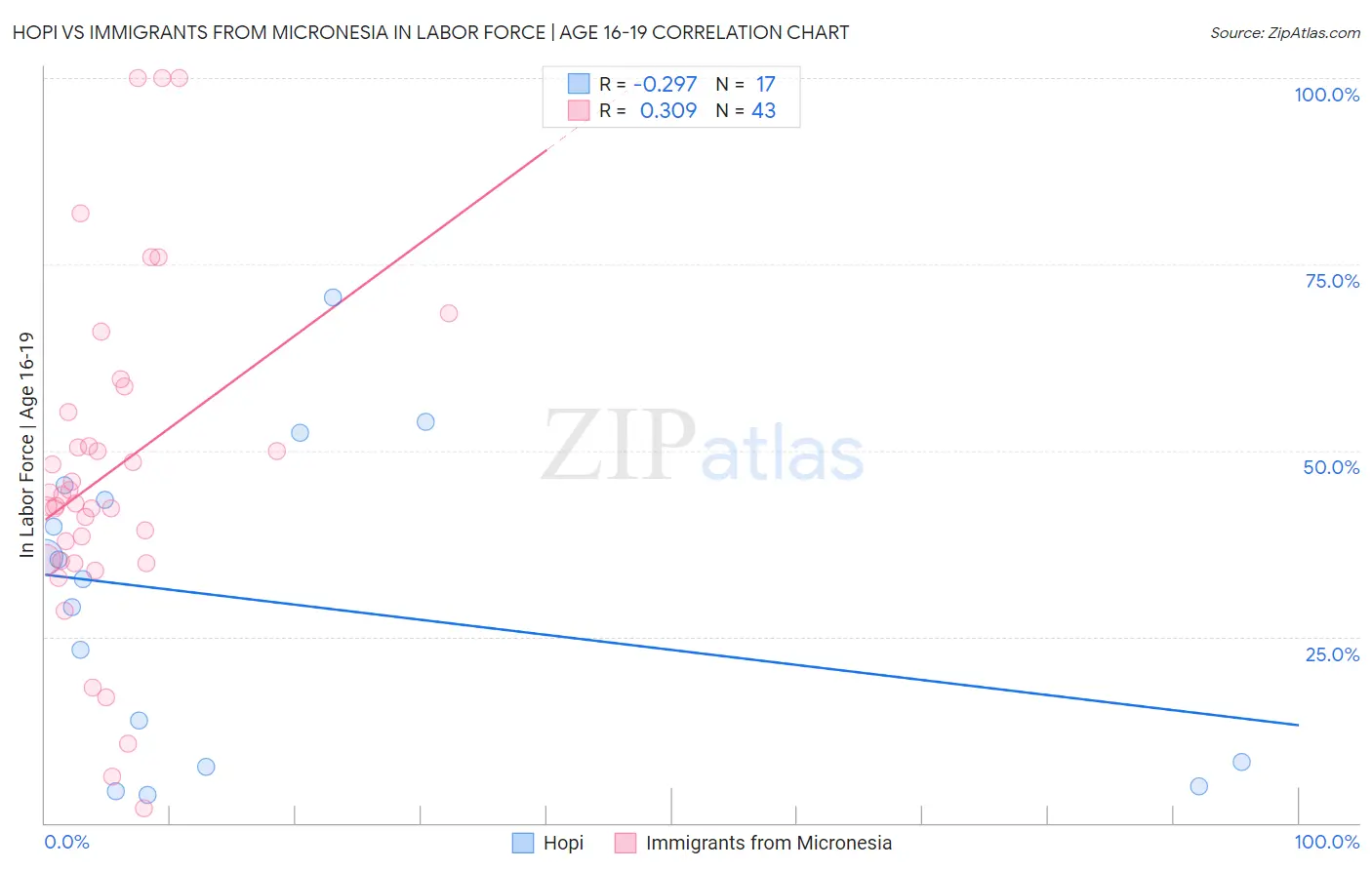 Hopi vs Immigrants from Micronesia In Labor Force | Age 16-19