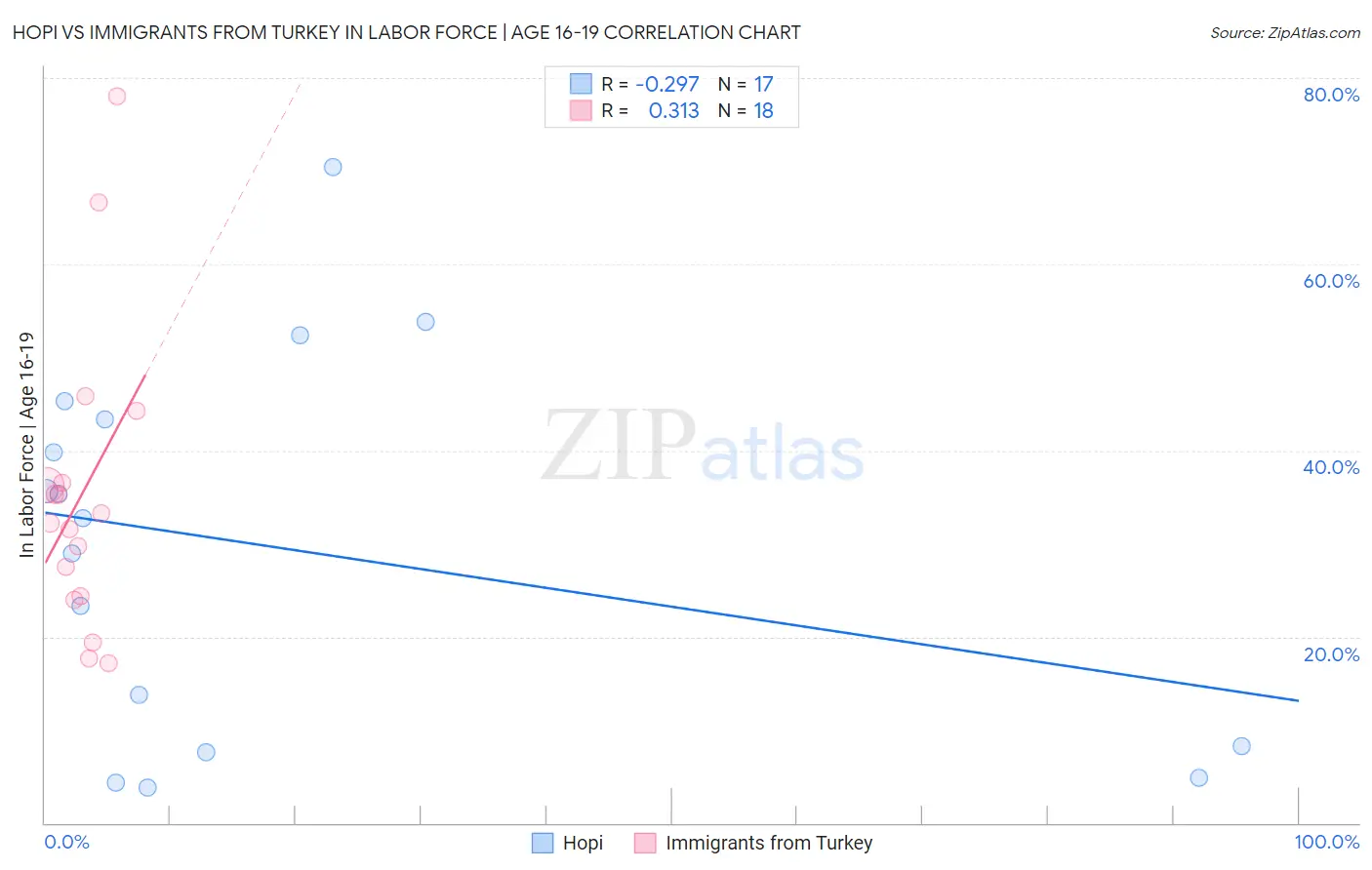 Hopi vs Immigrants from Turkey In Labor Force | Age 16-19