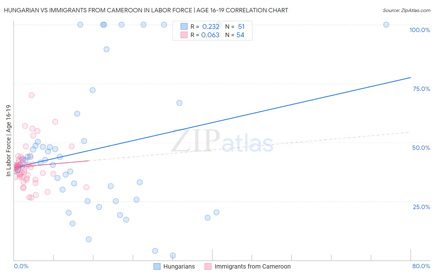 Hungarian vs Immigrants from Cameroon In Labor Force | Age 16-19