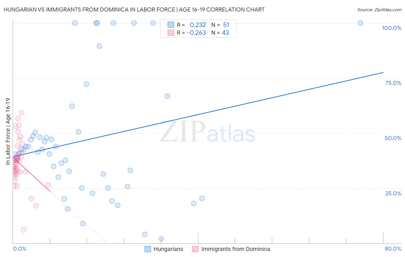 Hungarian vs Immigrants from Dominica In Labor Force | Age 16-19