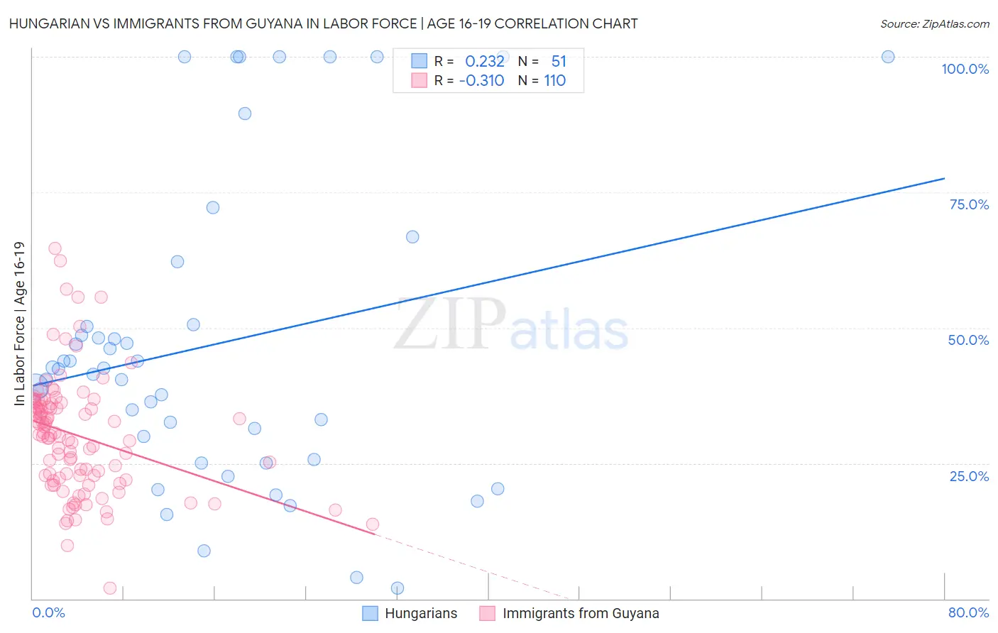 Hungarian vs Immigrants from Guyana In Labor Force | Age 16-19