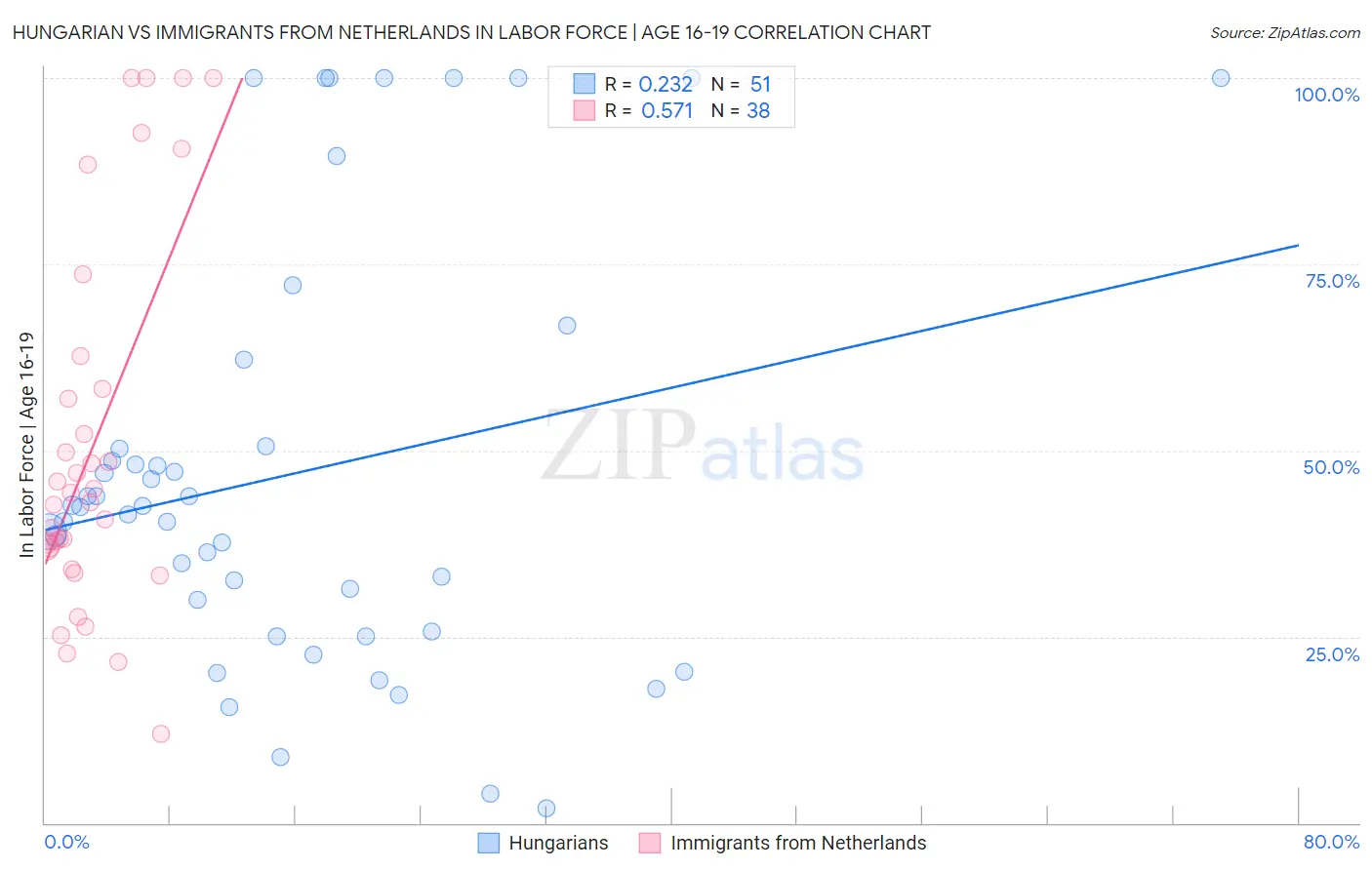 Hungarian vs Immigrants from Netherlands In Labor Force | Age 16-19