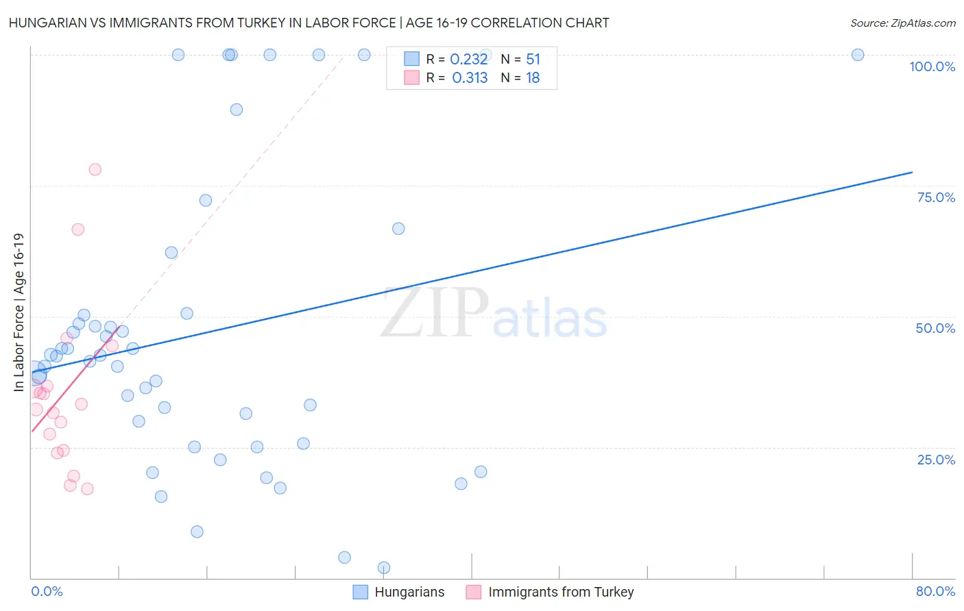 Hungarian vs Immigrants from Turkey In Labor Force | Age 16-19