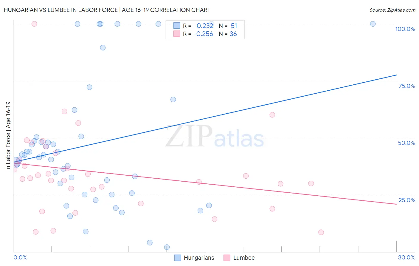 Hungarian vs Lumbee In Labor Force | Age 16-19