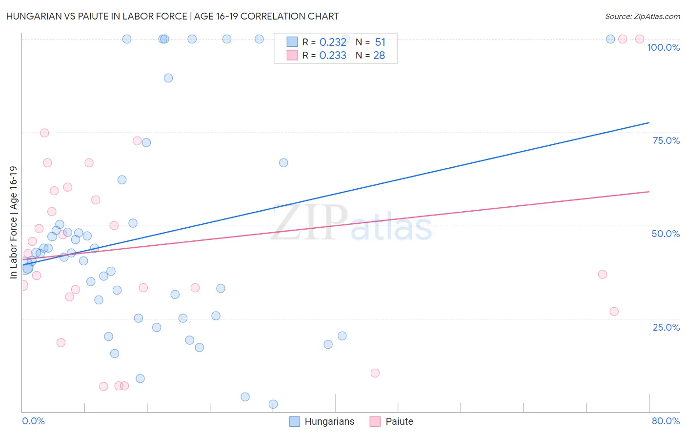 Hungarian vs Paiute In Labor Force | Age 16-19