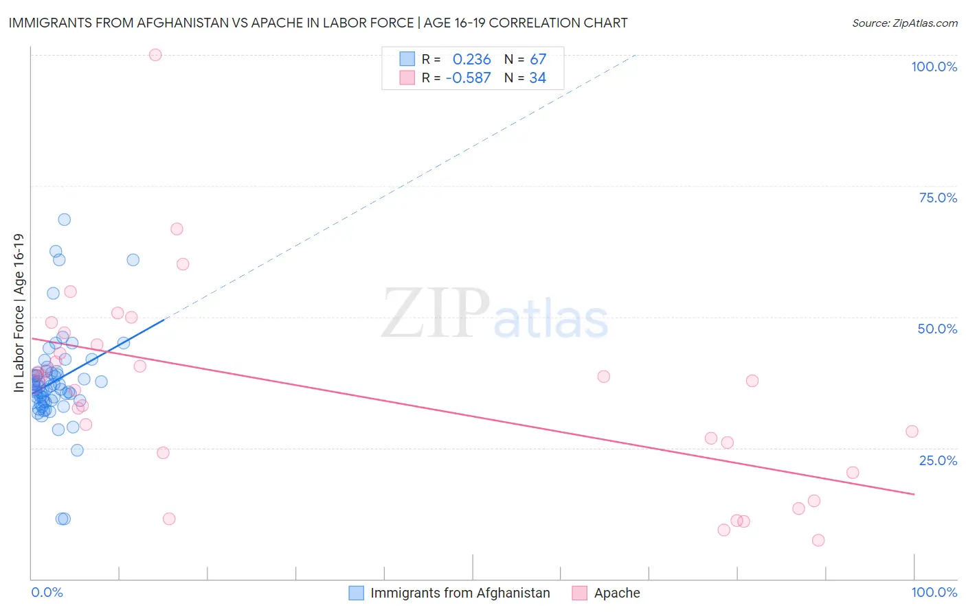 Immigrants from Afghanistan vs Apache In Labor Force | Age 16-19