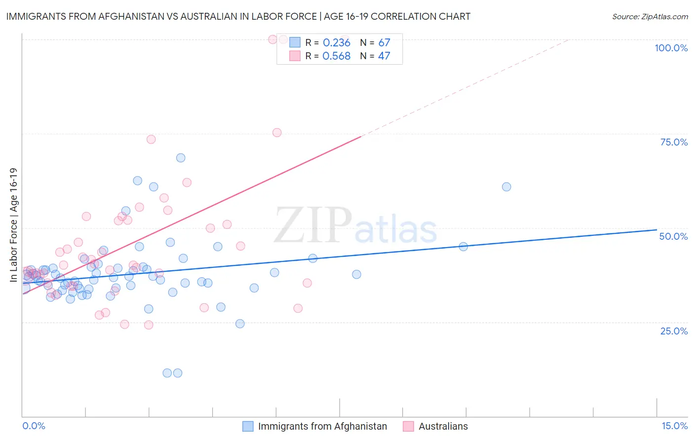 Immigrants from Afghanistan vs Australian In Labor Force | Age 16-19