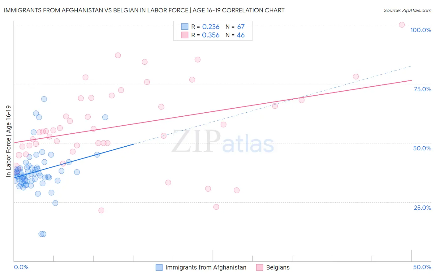 Immigrants from Afghanistan vs Belgian In Labor Force | Age 16-19