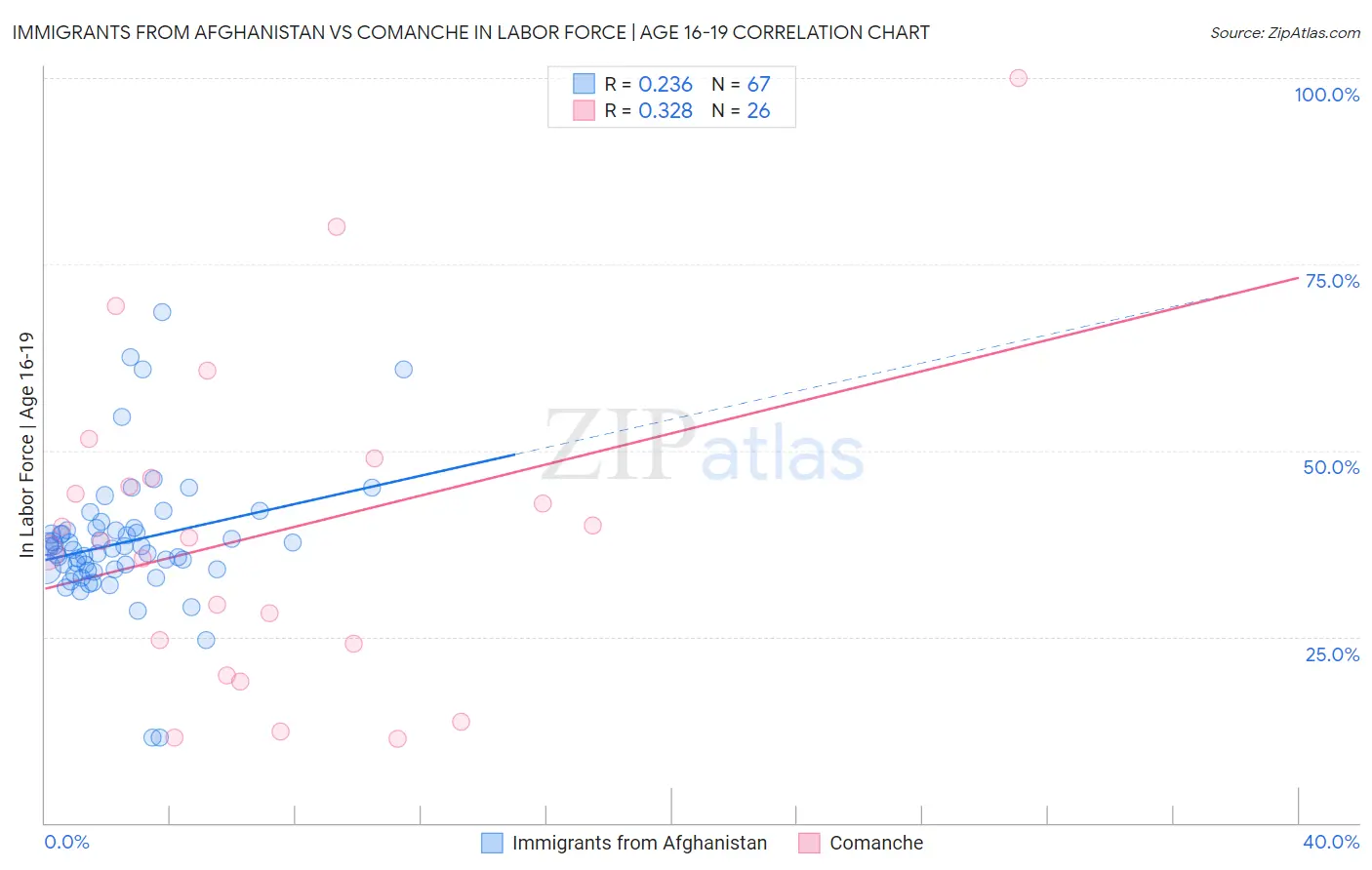 Immigrants from Afghanistan vs Comanche In Labor Force | Age 16-19