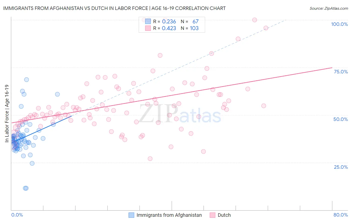 Immigrants from Afghanistan vs Dutch In Labor Force | Age 16-19
