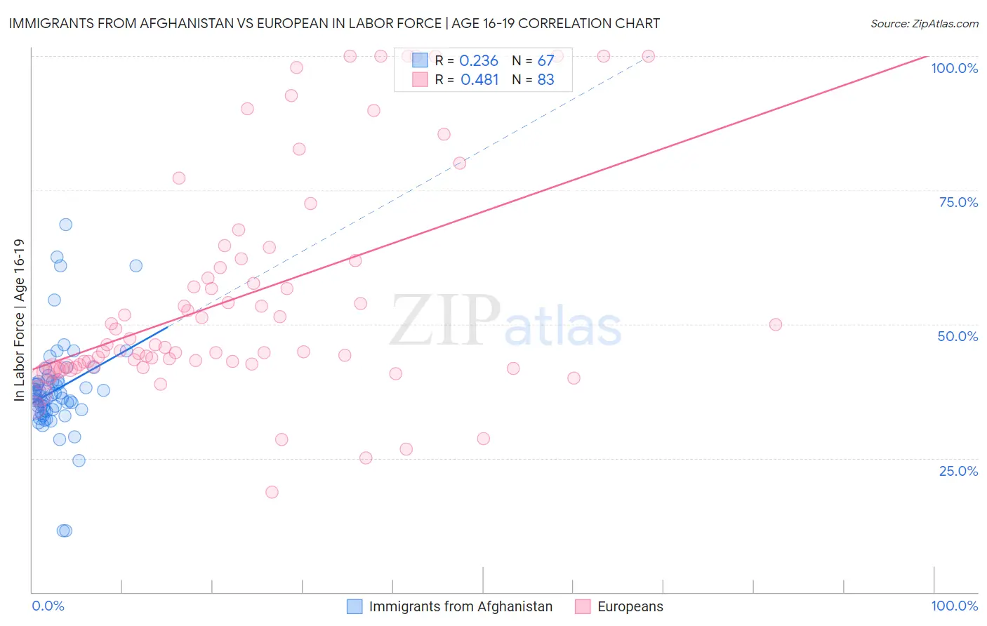 Immigrants from Afghanistan vs European In Labor Force | Age 16-19