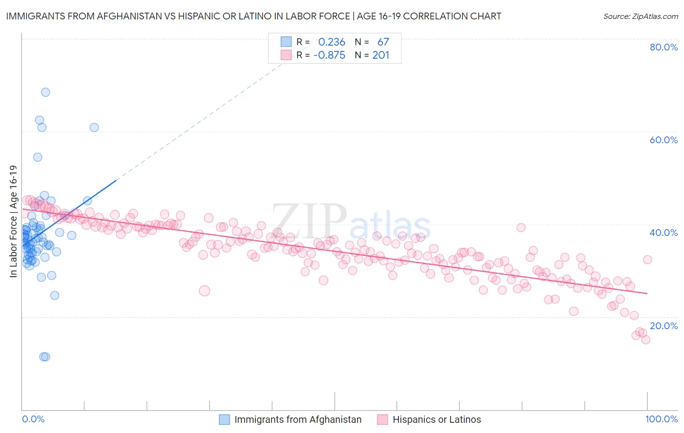 Immigrants from Afghanistan vs Hispanic or Latino In Labor Force | Age 16-19
