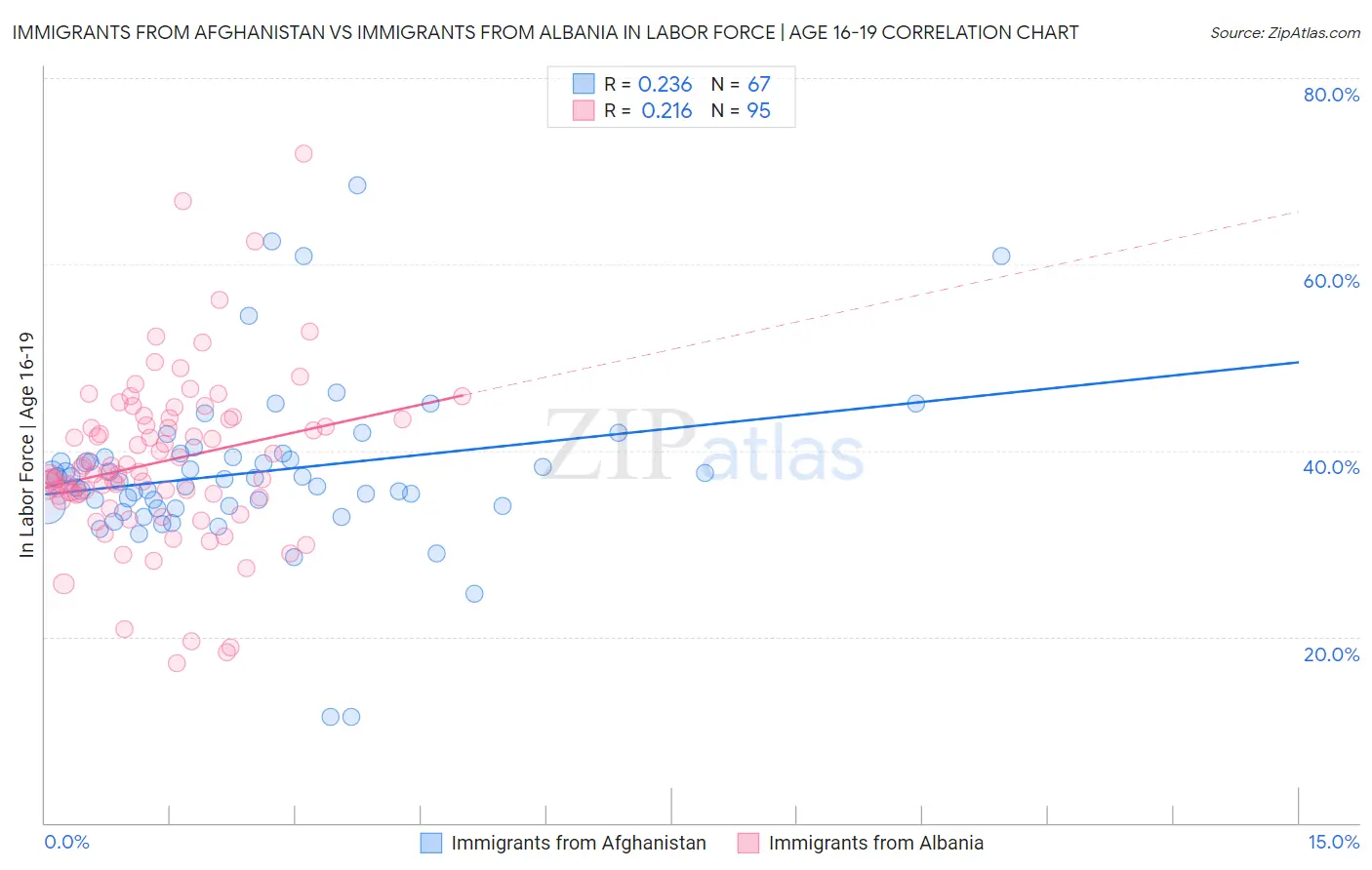 Immigrants from Afghanistan vs Immigrants from Albania In Labor Force | Age 16-19