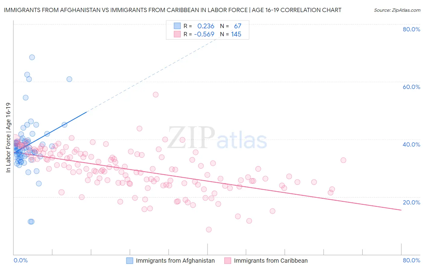 Immigrants from Afghanistan vs Immigrants from Caribbean In Labor Force | Age 16-19