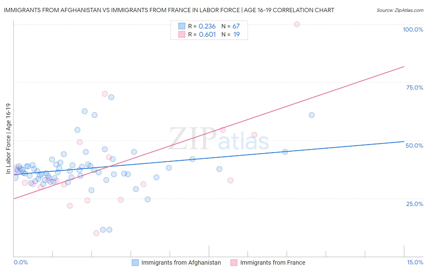 Immigrants from Afghanistan vs Immigrants from France In Labor Force | Age 16-19