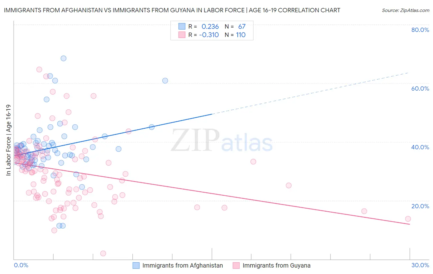 Immigrants from Afghanistan vs Immigrants from Guyana In Labor Force | Age 16-19