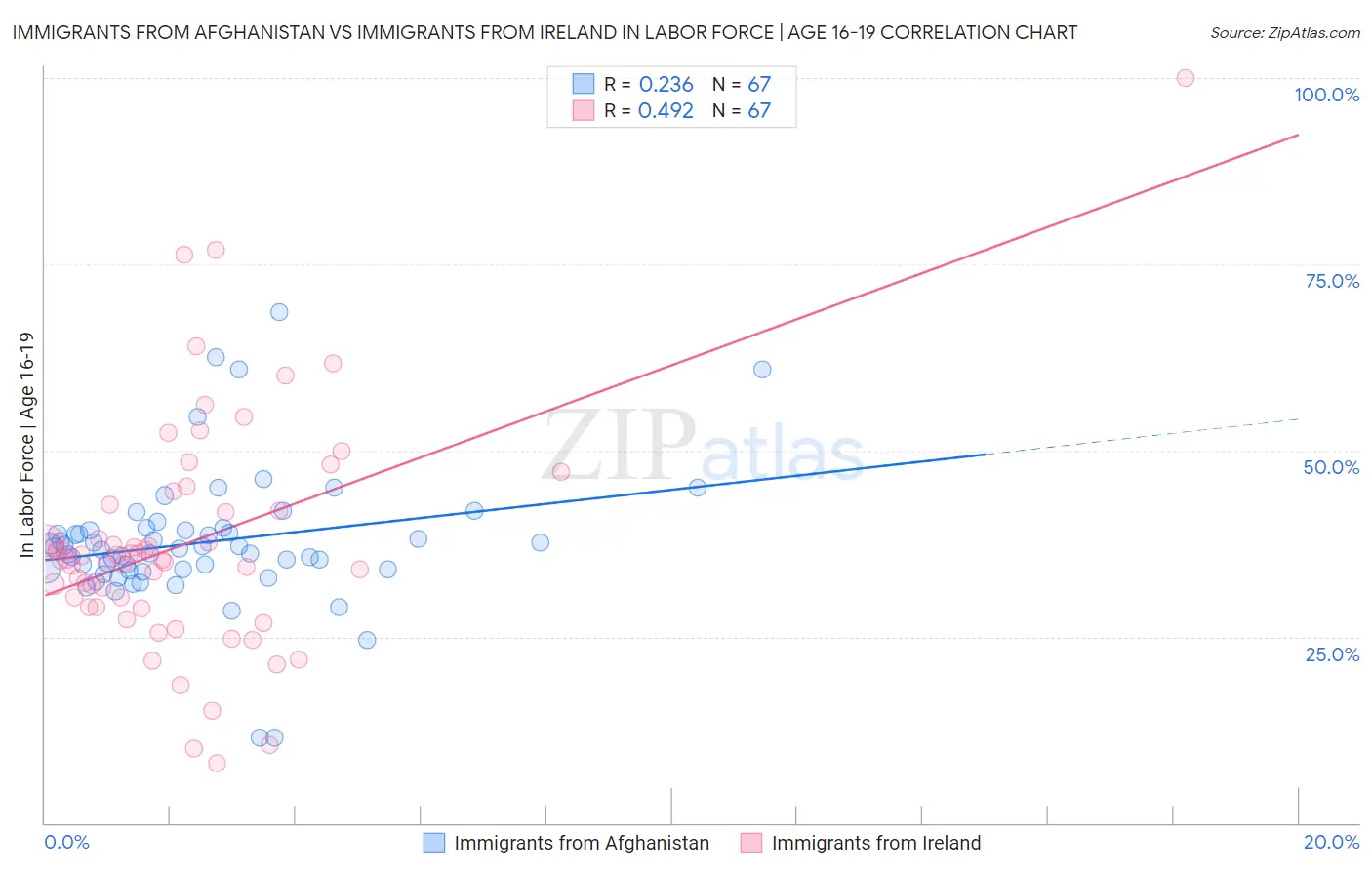 Immigrants from Afghanistan vs Immigrants from Ireland In Labor Force | Age 16-19