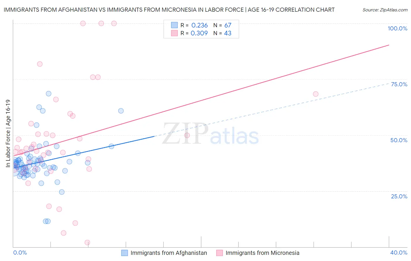 Immigrants from Afghanistan vs Immigrants from Micronesia In Labor Force | Age 16-19