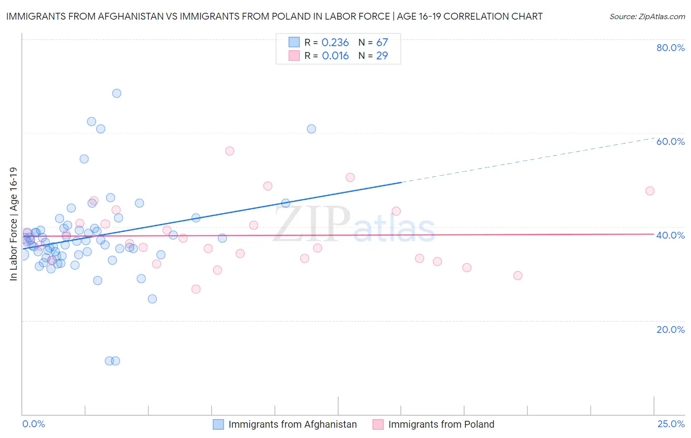 Immigrants from Afghanistan vs Immigrants from Poland In Labor Force | Age 16-19