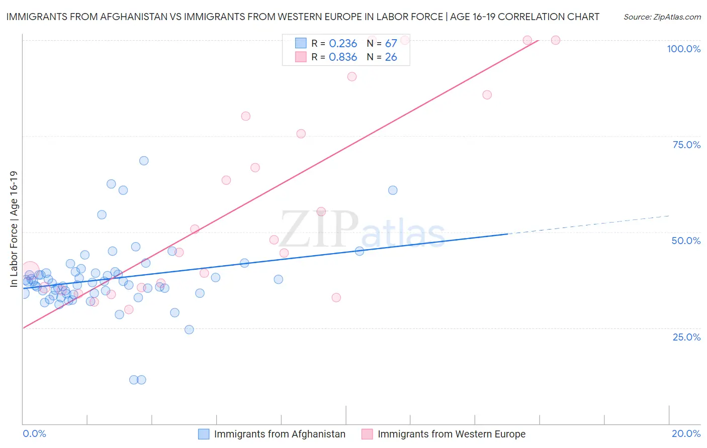 Immigrants from Afghanistan vs Immigrants from Western Europe In Labor Force | Age 16-19