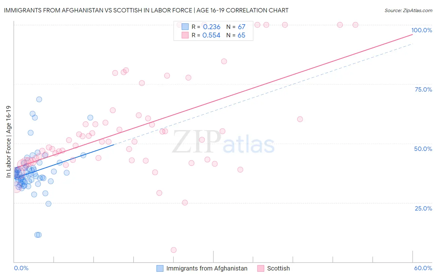 Immigrants from Afghanistan vs Scottish In Labor Force | Age 16-19